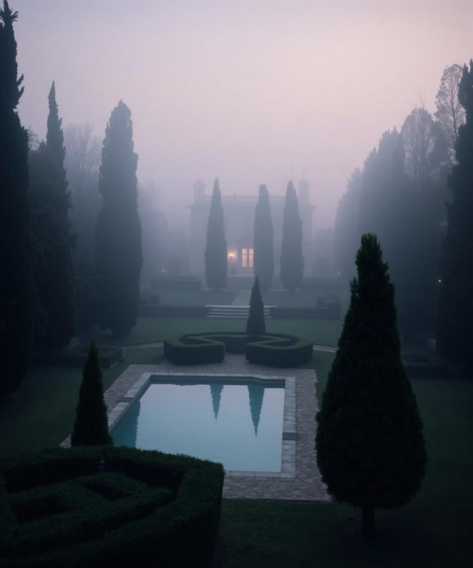 A European villa held in morning mist