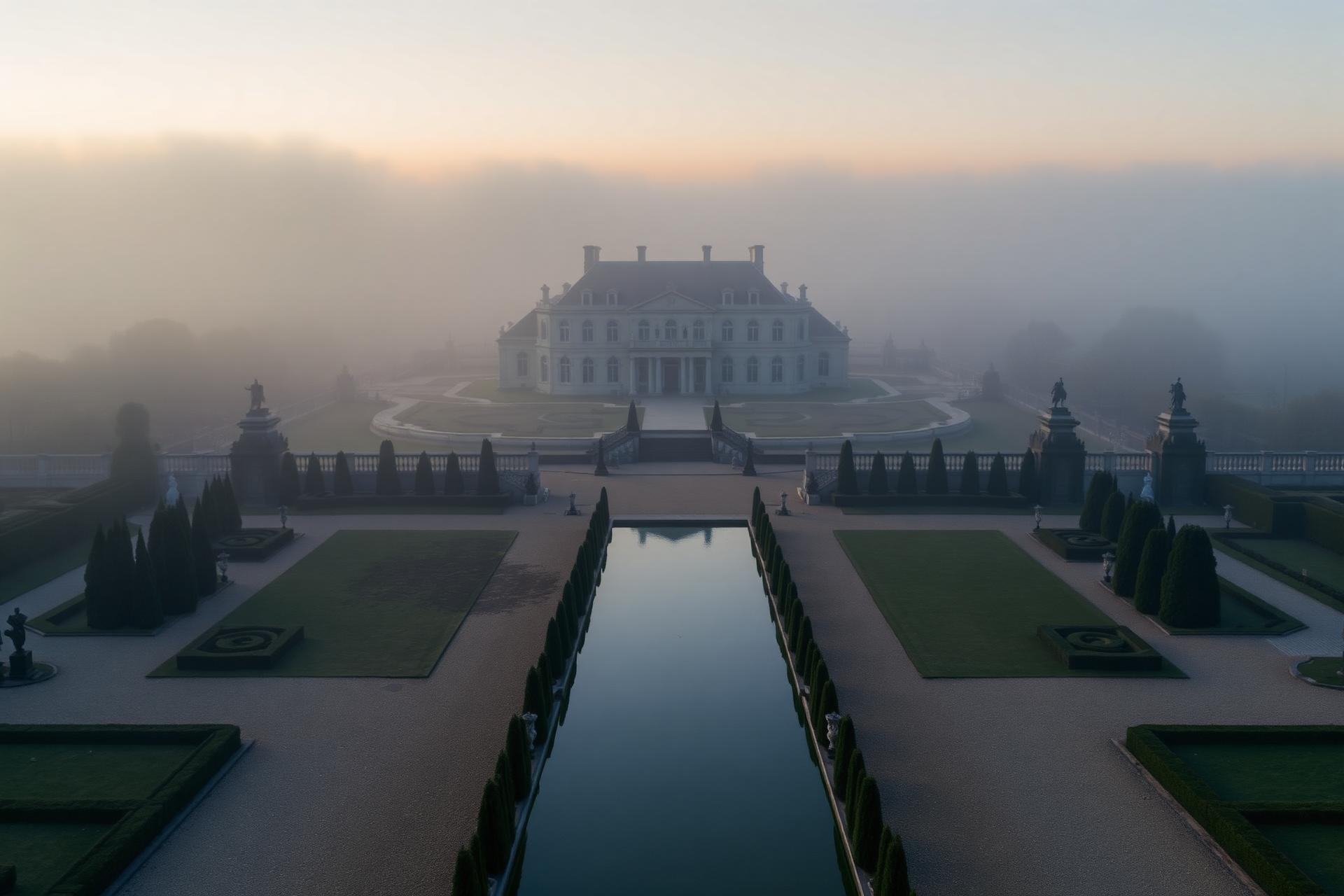 A private country estate at dawn, held in mist